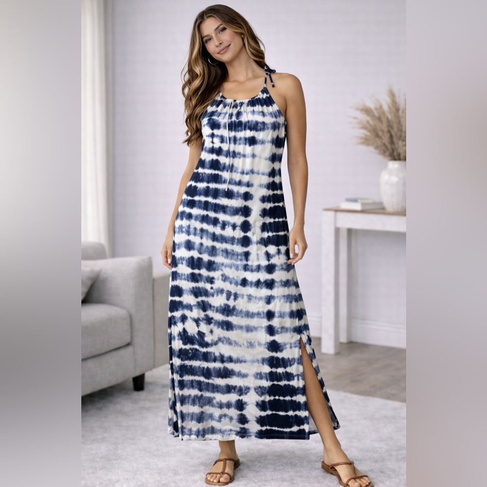 Poof Blue & White Tie Dye Maxi Dress | Side Slits | Size Small
